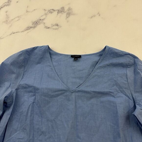 Talbots Embroidered Trim Tunic Top Size L Blue White Tie 3/4 Sleeve Blouse - Picture 2 of 12